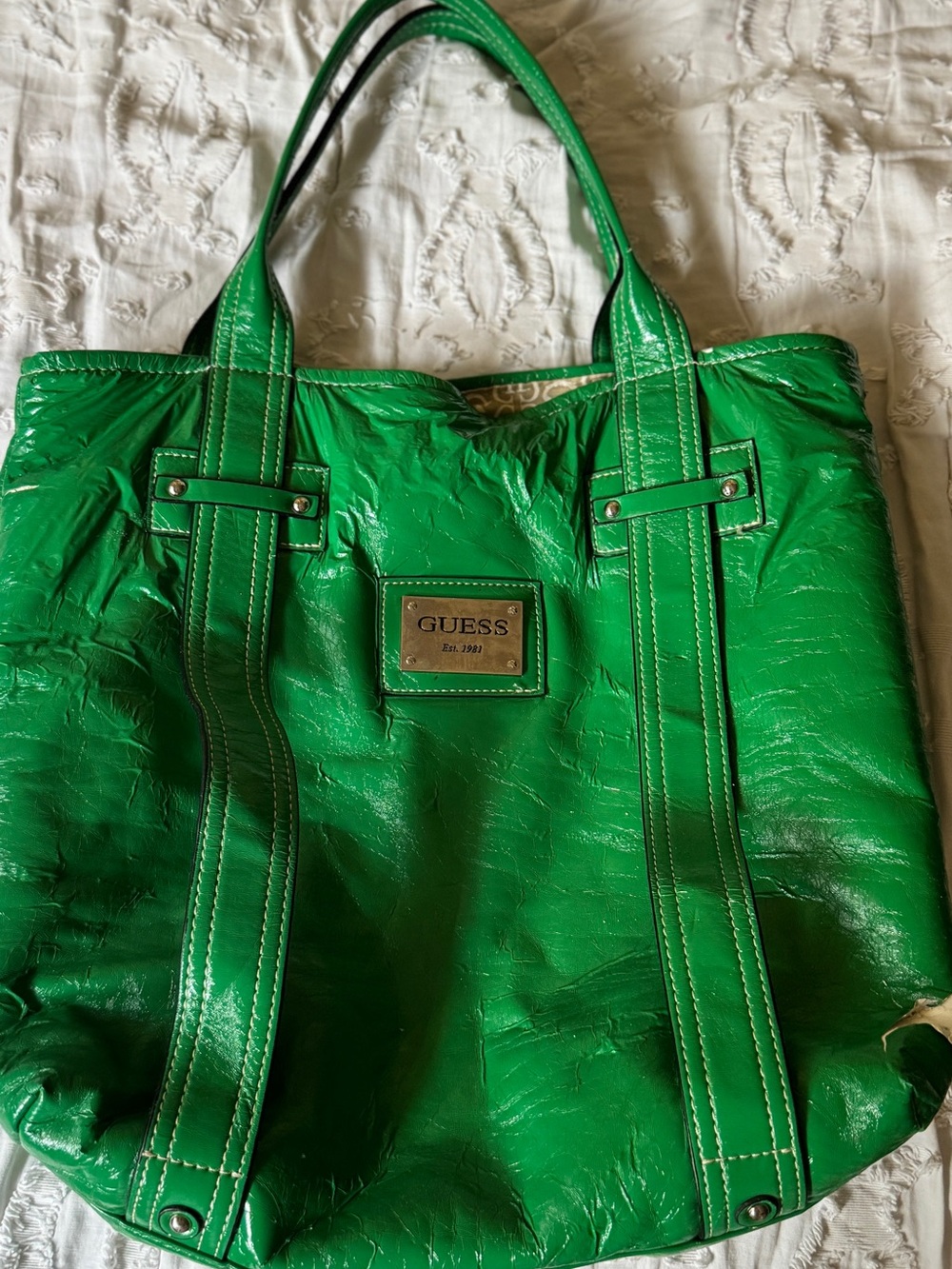 Guess Shiny Green Patent Tote with Branded Plaque